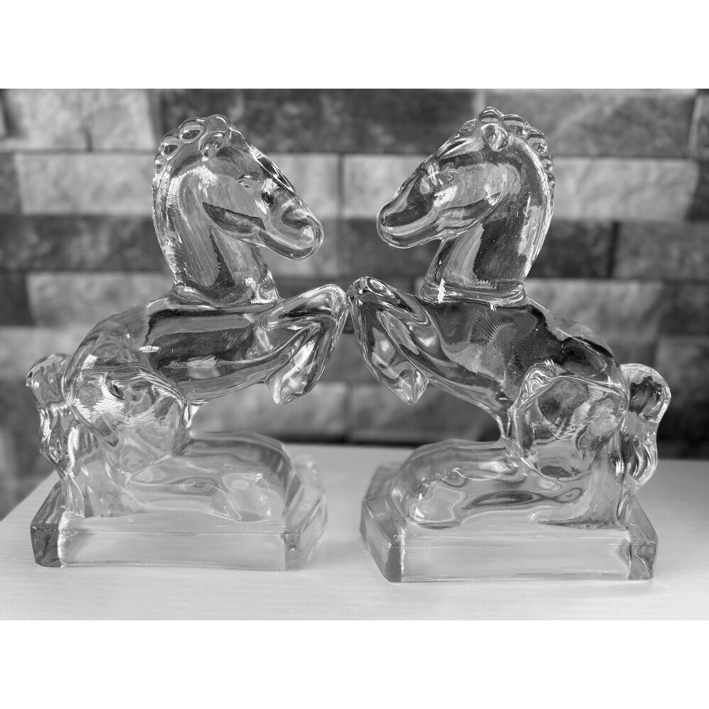 Vintage 1940’s L.E. Smith Glass Rearing Horse Bookends Heavy